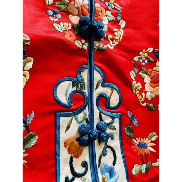 Vintage Set 60s Red Embroidered Silk Kimono Pants Jacket Child Sz 2 Golden Bee - Picture 5 of 7